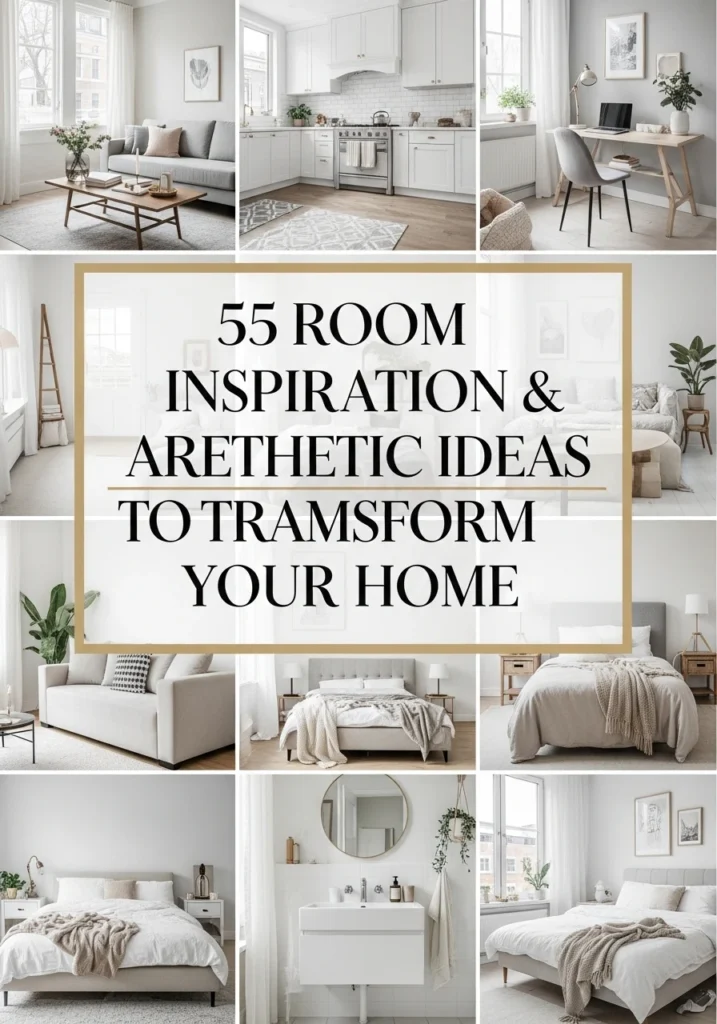 Modern home interiors showing bedroom, living room, kitchen, bathroom, and cozy spaces in soft neutral tones