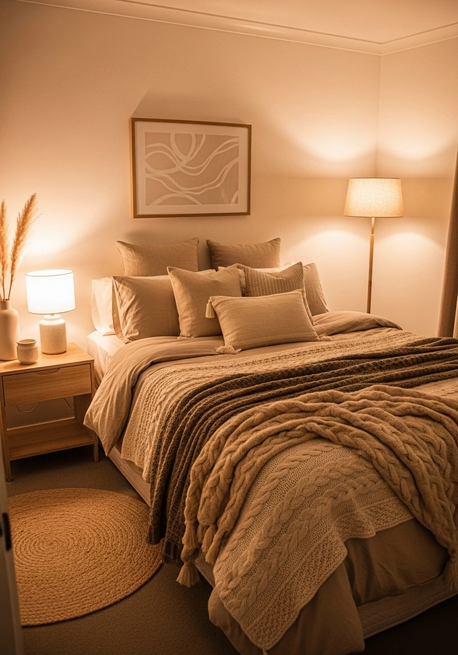 Cozy neutral bedroom with beige and cream tones, layered bedding, soft lighting, and warm minimalist decor