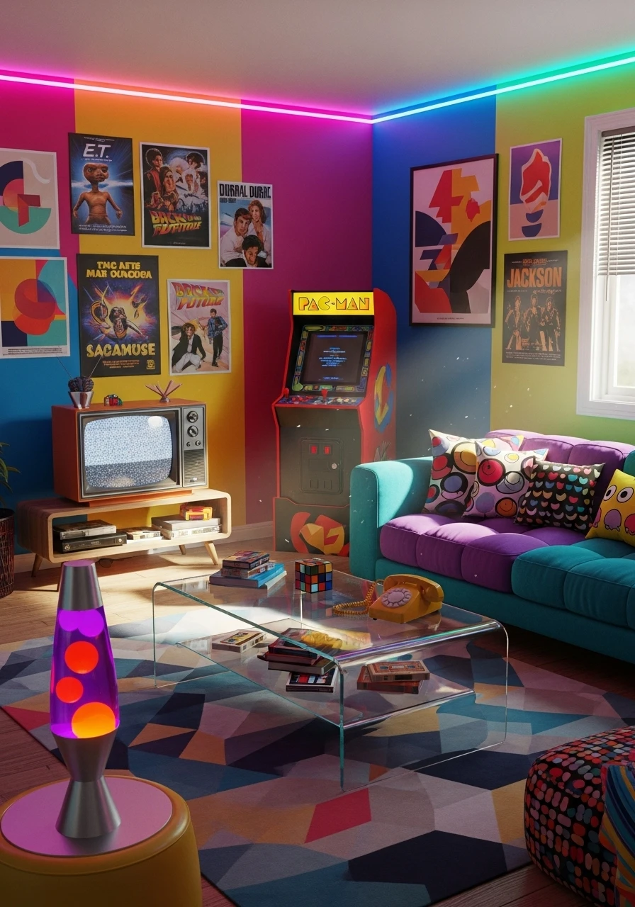 80s aesthetic room with bold colors, neon accents, retro posters, and playful decor