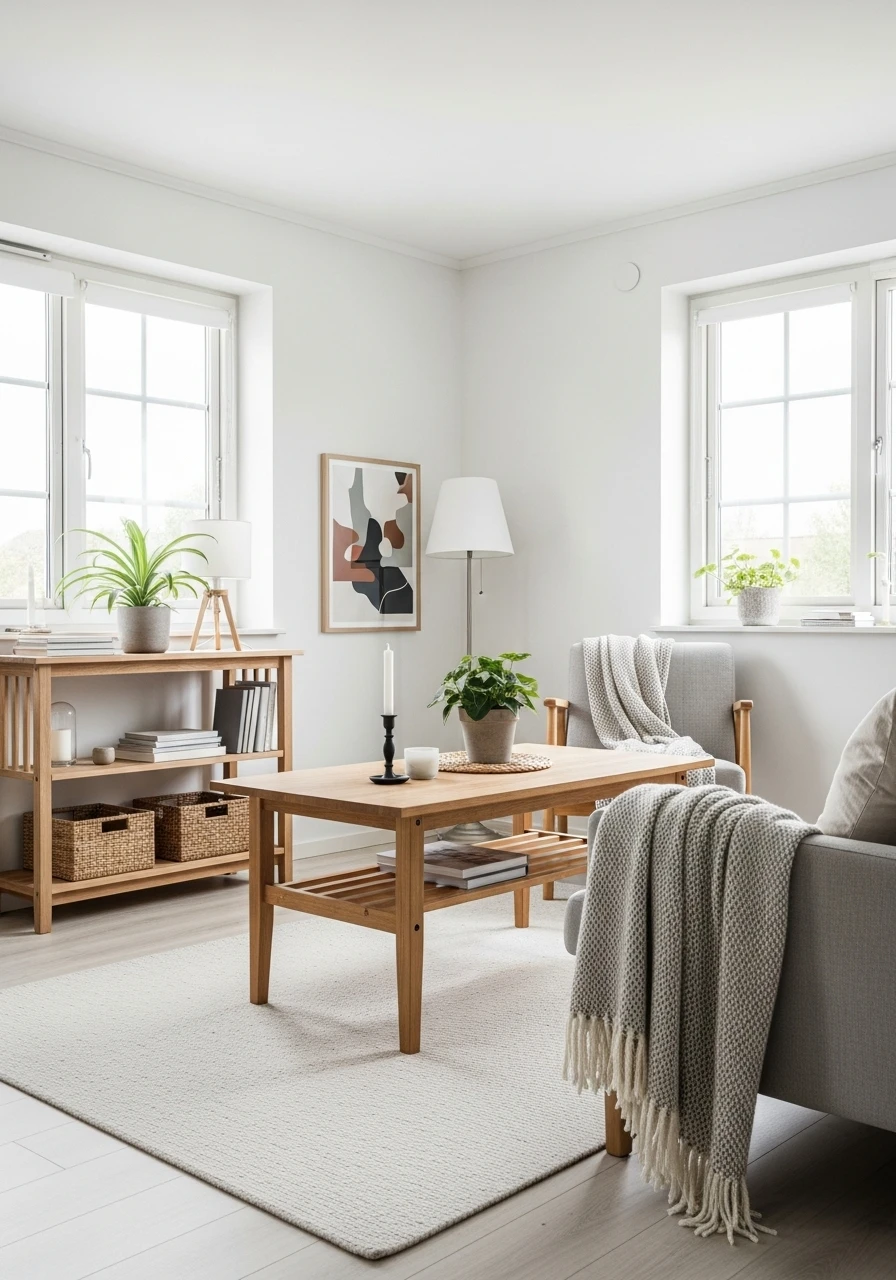 Scandinavian aesthetic room with white walls, light wood furniture, and minimal cozy decor