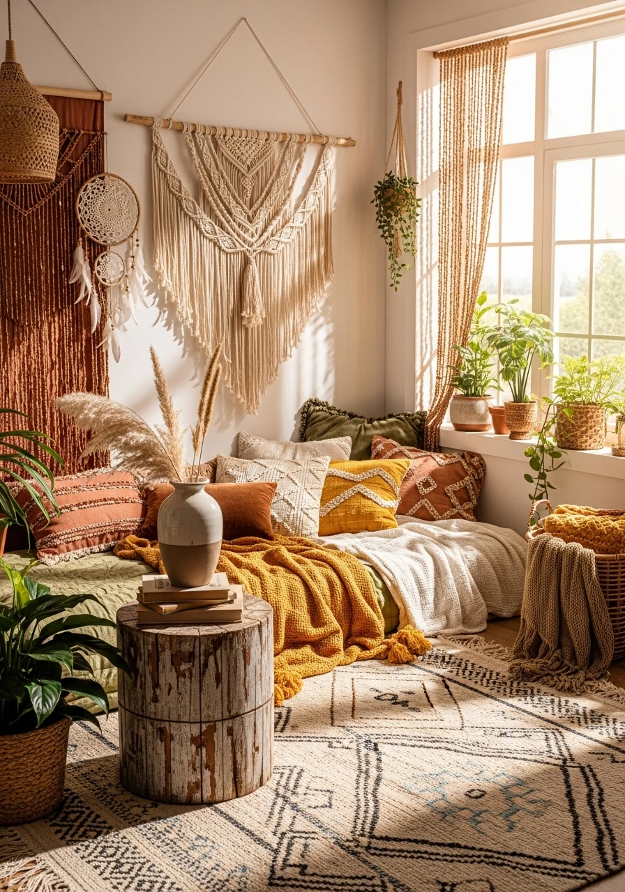 Boho chic room with layered textiles, macrame wall decor, warm colors, and cozy atmosphere