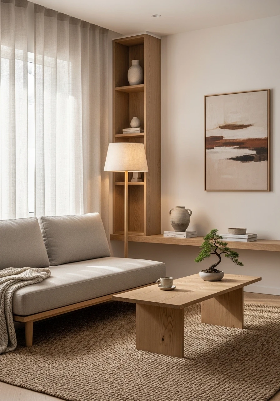 Japandi aesthetic room with neutral tones, natural wood furniture, and serene minimalist design