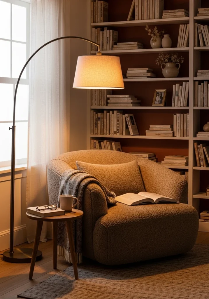  Cozy reading corner with comfortable armchair, bookshelves, floor lamp, and warm lighting