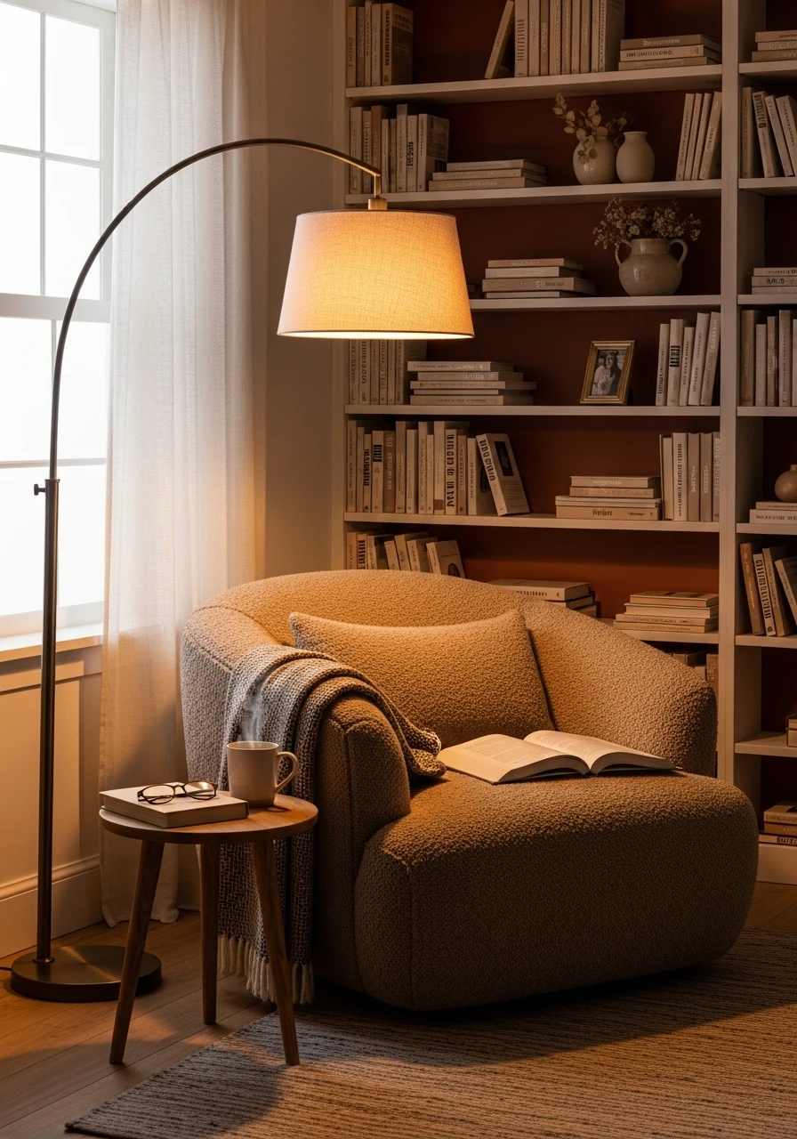 Cozy reading corner with comfortable armchair, bookshelves, floor lamp, and warm lighting