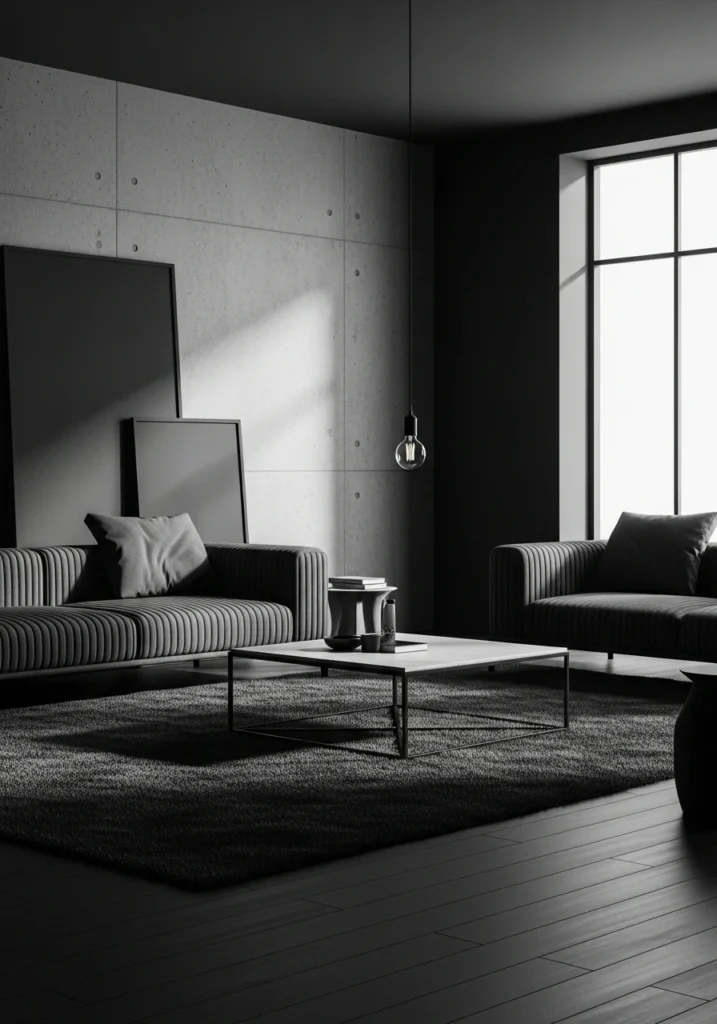 Monochrome aesthetic room with layered textures, modern furniture, and cohesive color palette