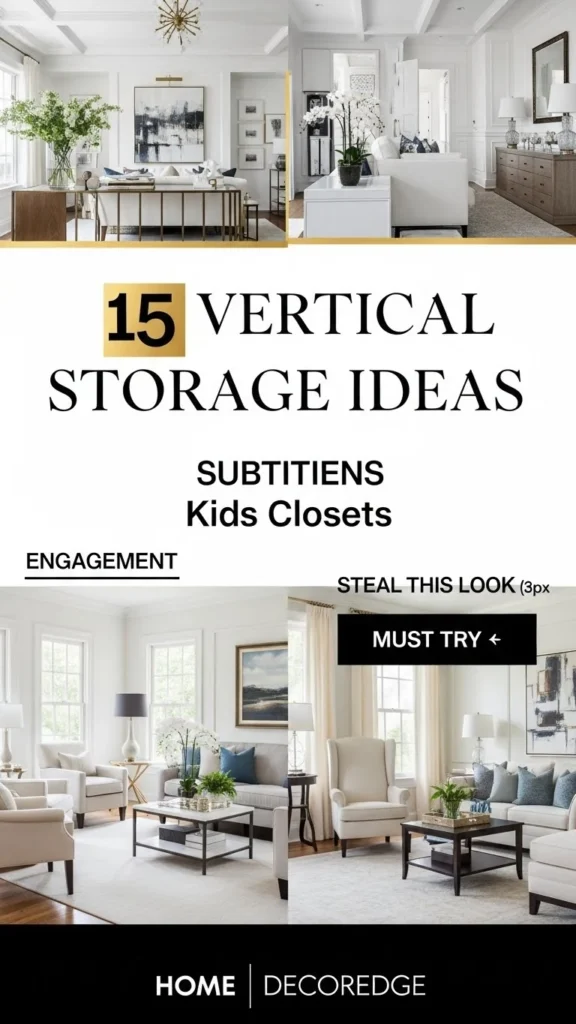 HomeDecorEdge Pinterest pin showing 15 vertical storage ideas for kids closets maximizing height and wall space
