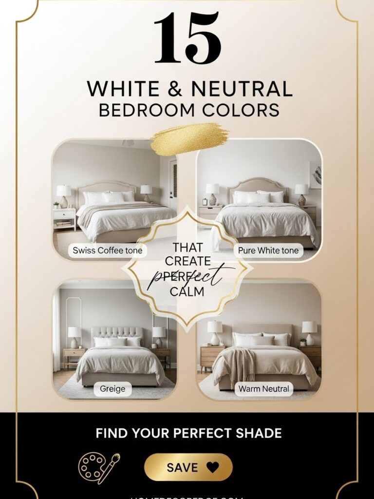 Pinterest pin featuring 15 white and neutral bedroom colors with gold elegant design and bedroom color palette collage