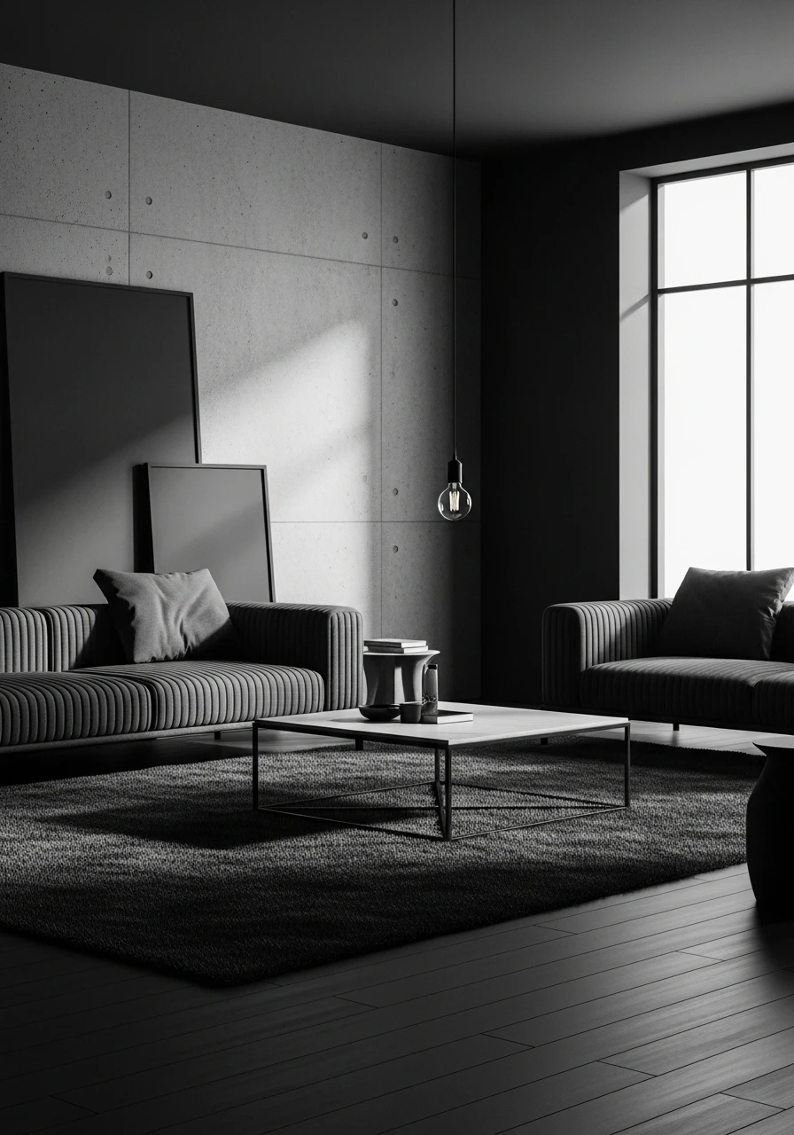 Monochrome aesthetic room with layered textures, modern furniture, and cohesive color palette
