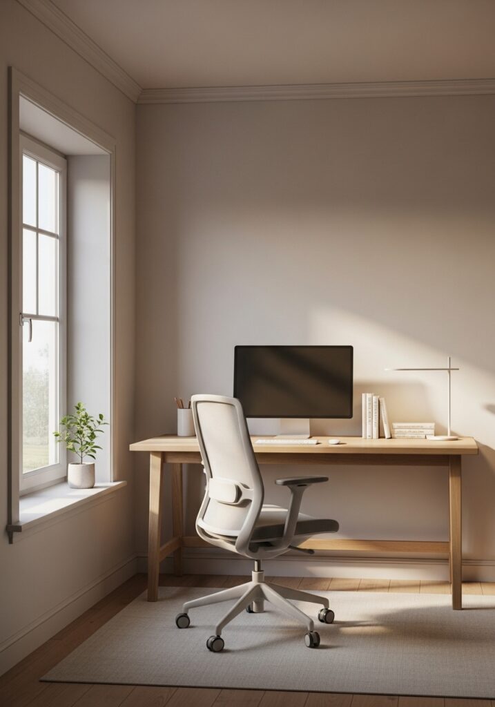  Minimalist room workspace with clean desk setup, neutral tones, and natural light