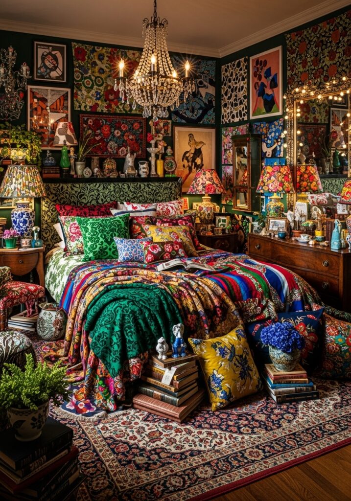 Maximalist bedroom with bold colors, layered patterns, expressive decor, and vibrant styling