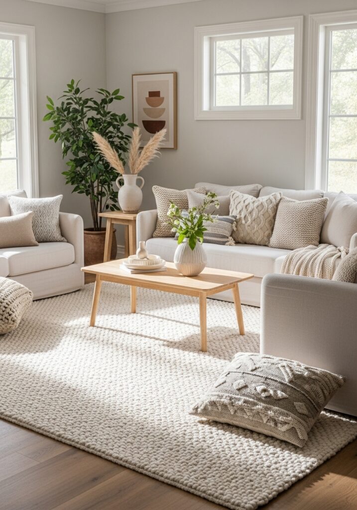  Neutral living room with textured rugs, cushions, wooden furniture, and cozy natural lighting