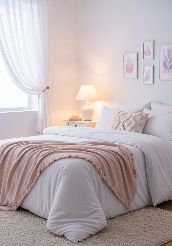Pastel-themed bedroom with blush and mint tones, cozy bedding, and soft ambient lighting