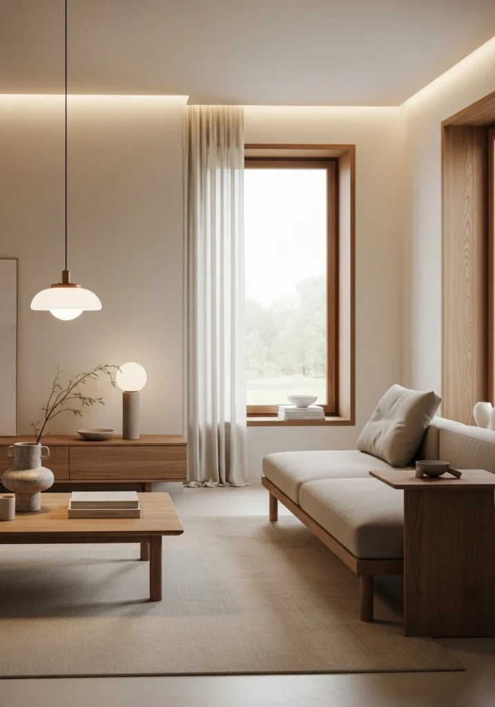  Warm minimalist room with natural wood furniture, neutral color palette, and soft ambient lighting