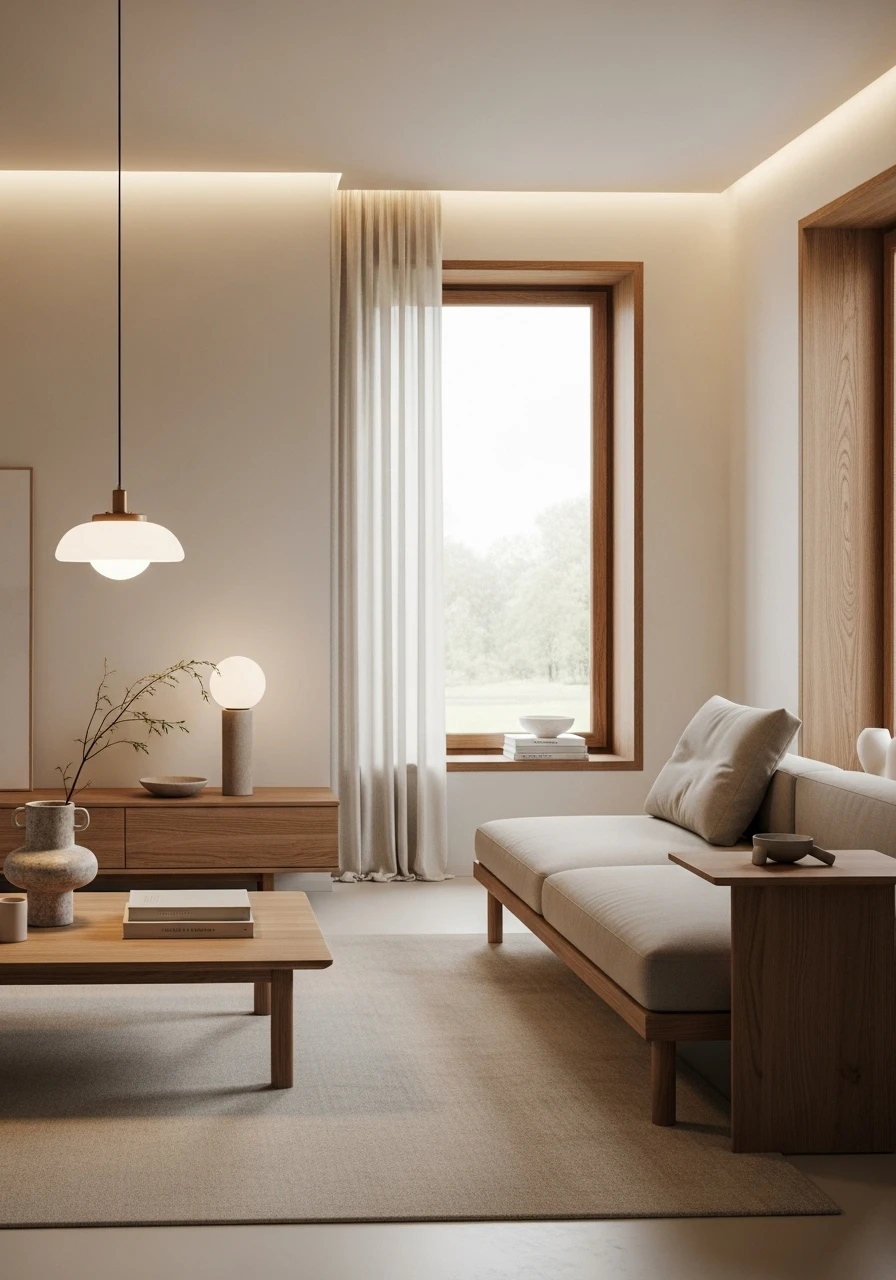 Warm minimalist room with natural wood furniture, neutral color palette, and soft ambient lighting