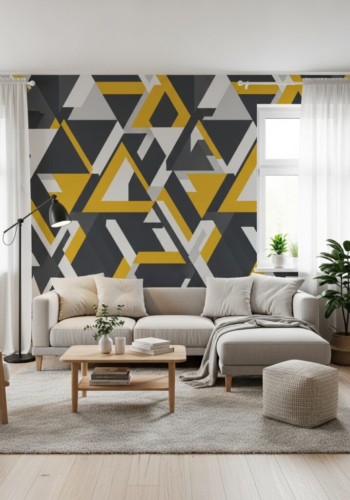  Modern room with bold statement wall, geometric patterns, and balanced neutral decor