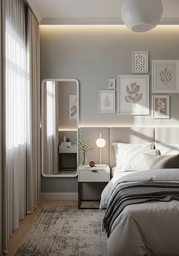  Small aesthetic bedroom with smart layout, light colors, mirror decor, and cozy modern styling