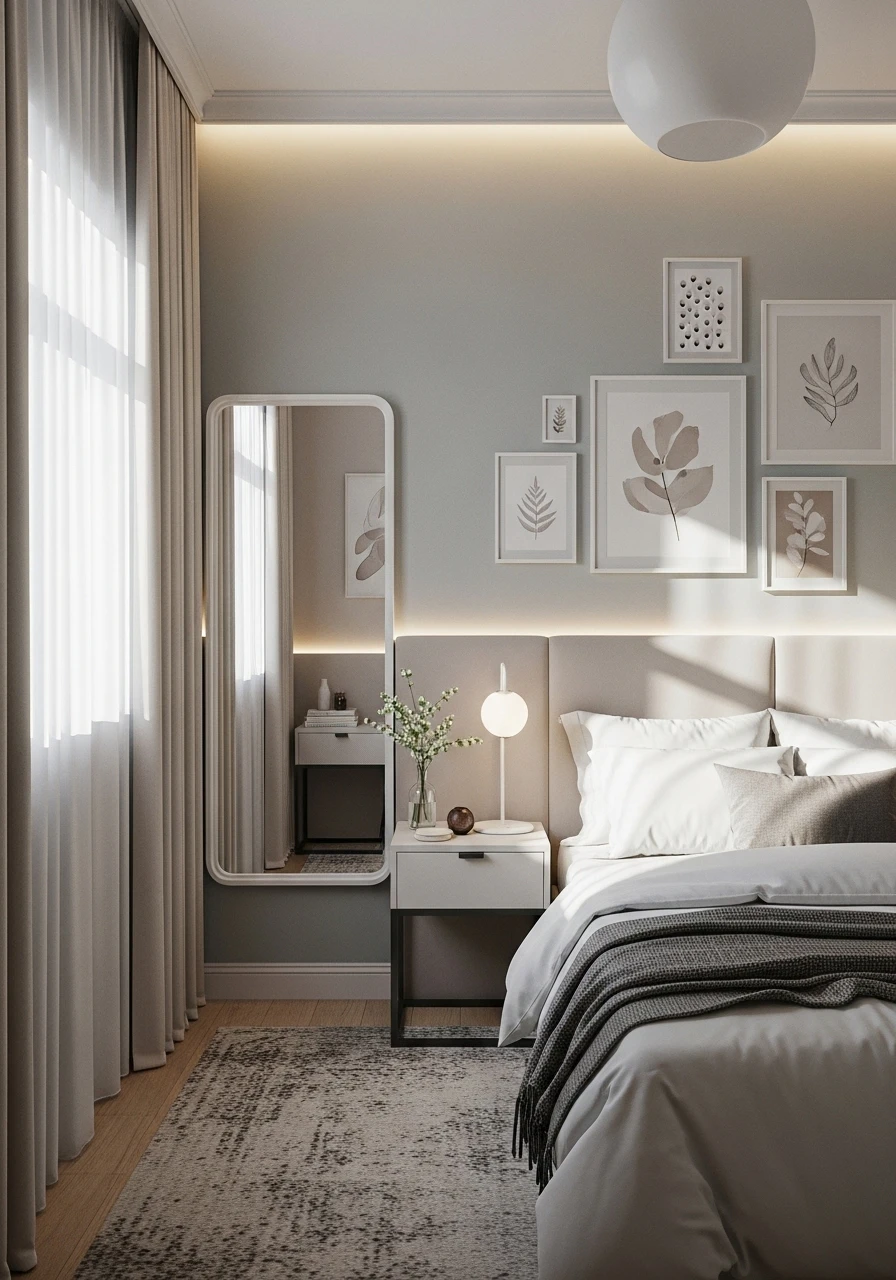 Small aesthetic bedroom with smart layout, light colors, mirror decor, and cozy modern styling