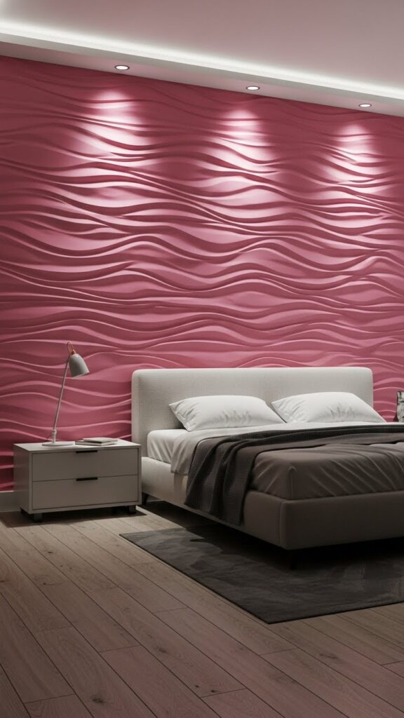 Modern 3D effect pink wave wallpaper with dimensional textured surface pattern