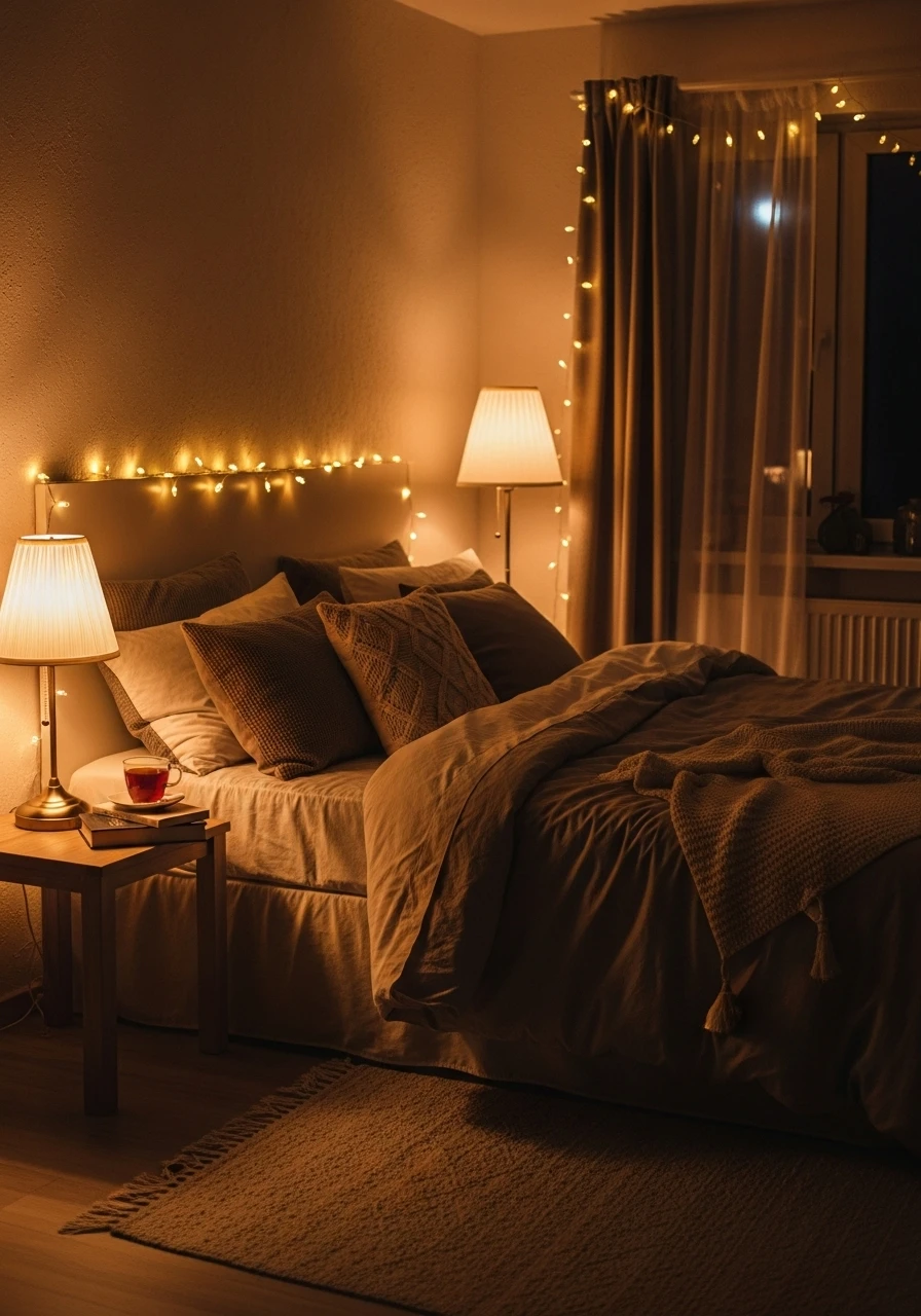Cozy bedroom with warm lamps, fairy lights, soft bedding, and relaxing ambient lighting