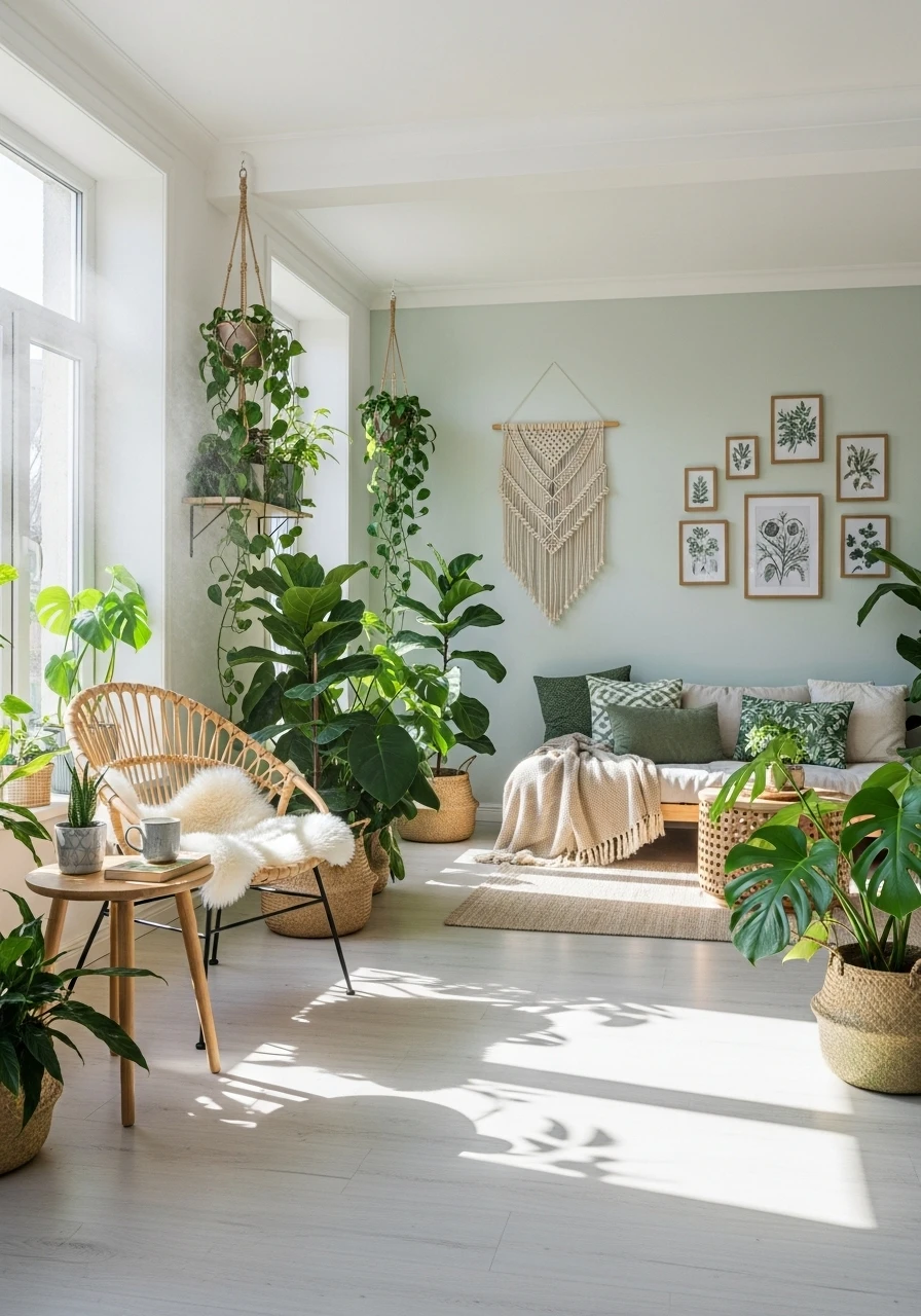Aesthetic room filled with indoor plants, natural sunlight, and fresh green decor
