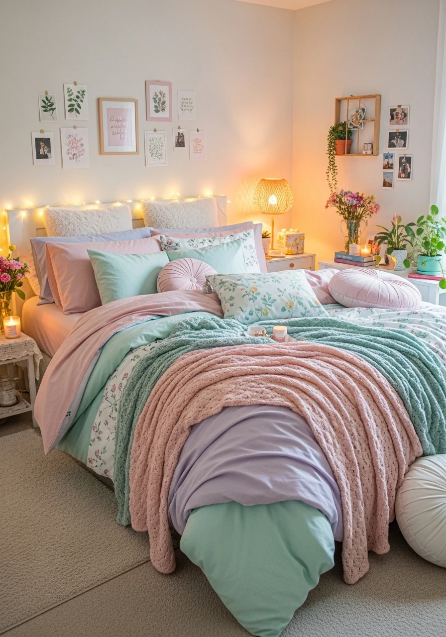 Soft girl aesthetic bedroom with pastel tones, floral accents, cozy bedding, and dreamy lighting