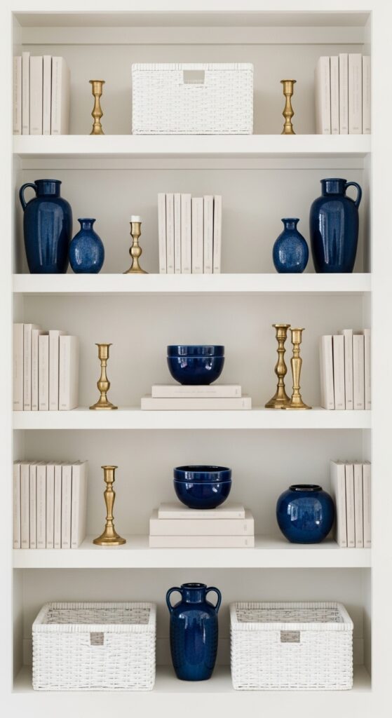 Shelves styled using 60-30-10 color rule with neutrals, navy, and gold accents
