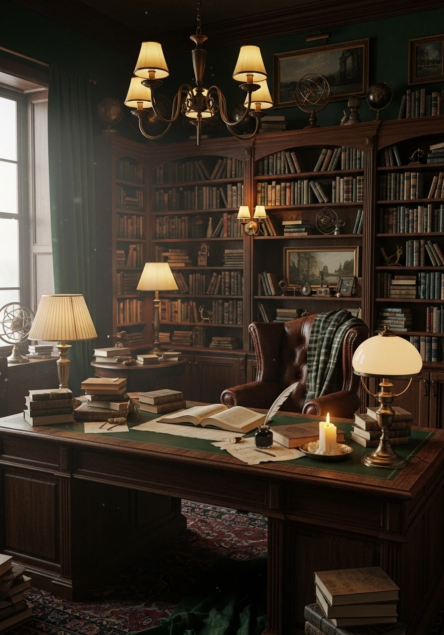 Dark academia bedroom with deep colors, vintage furniture, bookshelves, and moody warm lighting