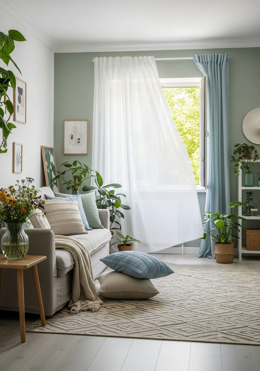 Summer-inspired room with light curtains, airy decor, fresh colors, and bright natural light