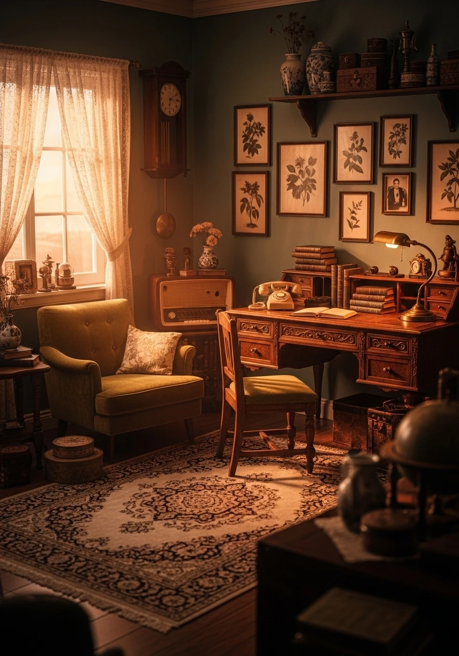 Vintage aesthetic room with antique furniture, retro decor, and warm nostalgic tones