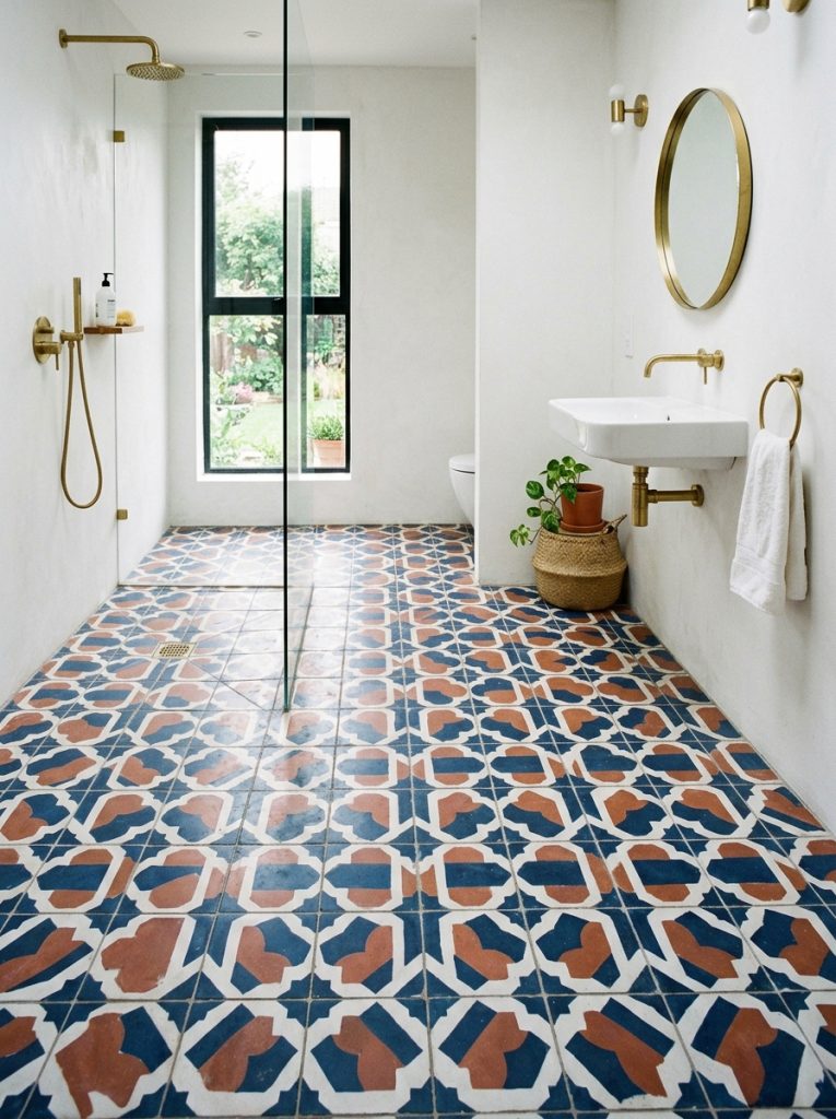 Bathroom floor with bold geometric patterned cement tiles in navy blue white and terracotta with simple white walls and minimal fixtures