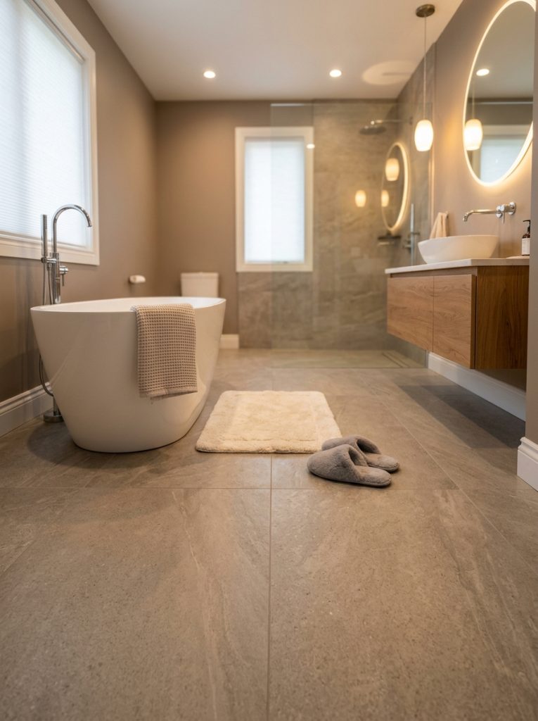 Large format porcelain tiles over radiant heated floor system in a warm cozy modern bathroom with soft lighting
