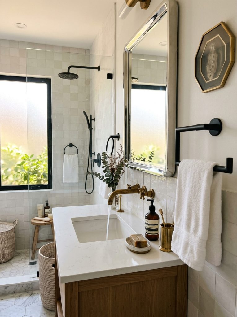 Bathroom with intentionally mixed brass faucet matte black towel bars and chrome mirror creating a layered sophisticated collected designer look