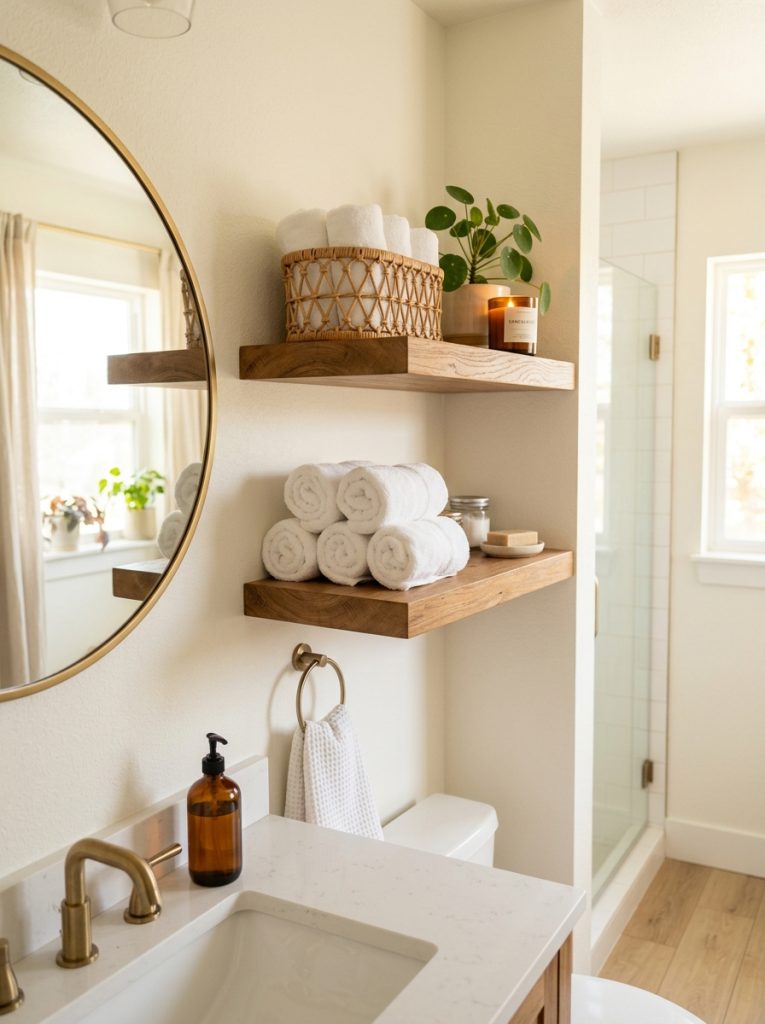 Bathroom with two floating wood shelves beside mirror holding rolled white towels small plant candle and decorative basket in clean airy aesthetic