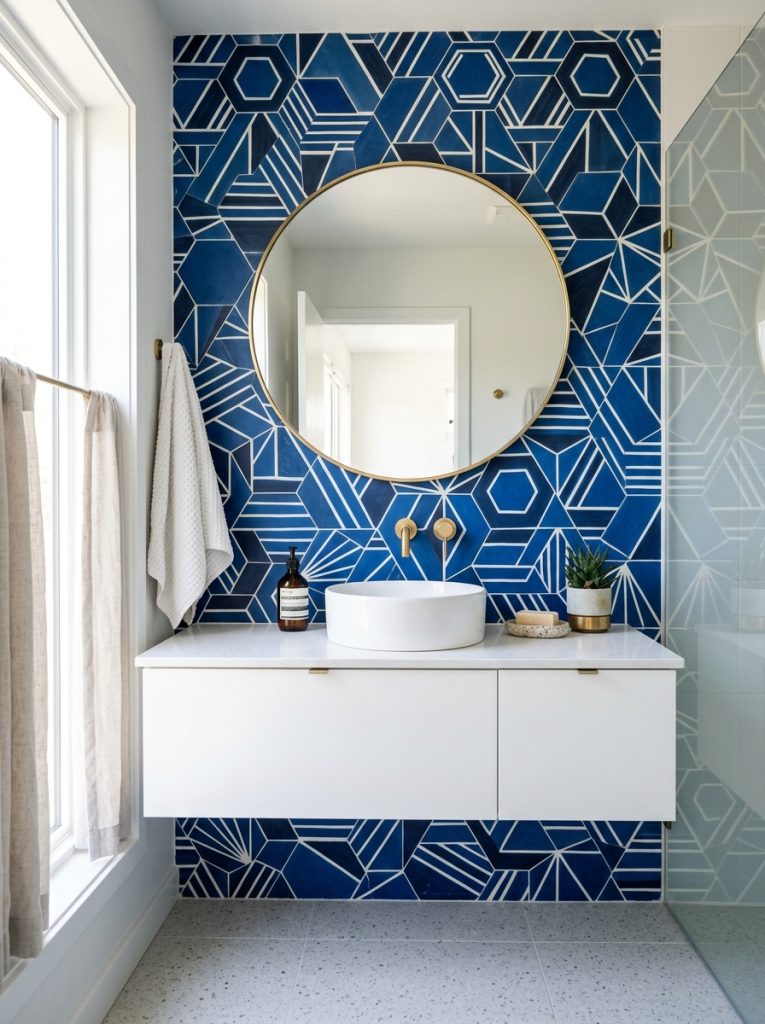 Bathroom vanity with bold geometric blue and white statement tile wall behind it with simple white floating vanity and round mirror as focal point