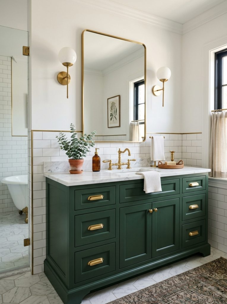 Bathroom vanity painted deep forest green with white marble countertop and brass hardware against white walls and subway tile