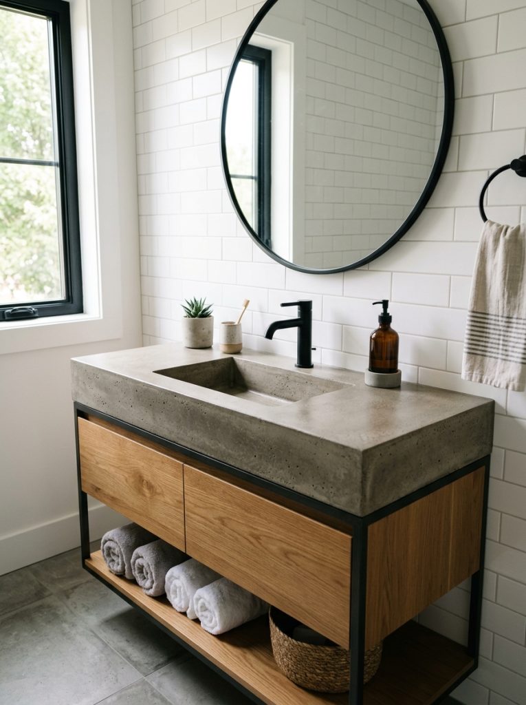 Modern bathroom vanity with smooth sealed concrete countertop and integrated sink in warm grey tones with matte black faucet and white tile walls