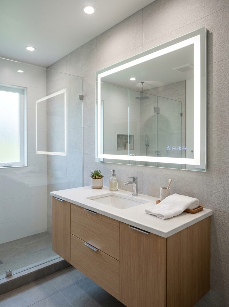 Modern bathroom with large LED smart mirror above vanity providing even shadow-free lighting with touch controls in a clean contemporary design