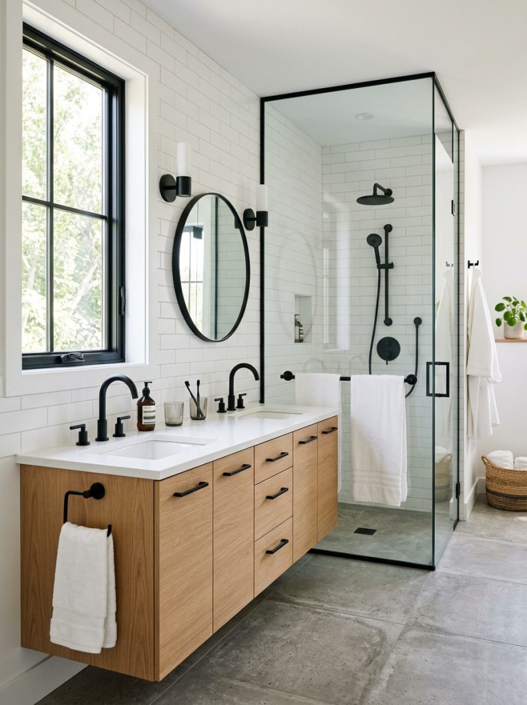  Modern bathroom with coordinated matte black faucet towel bars drawer pulls and shower fixtures against white tiles and light wood vanity
