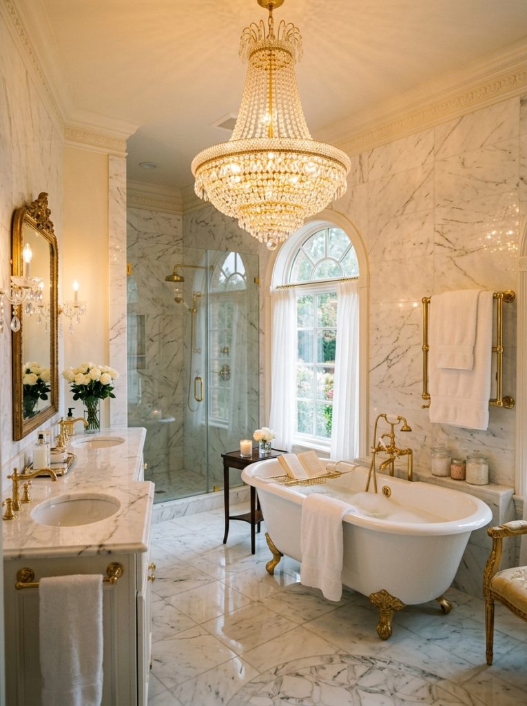 Elegant bathroom with crystal chandelier above freestanding soaking tub warm golden light white marble tiles and gold fixtures
