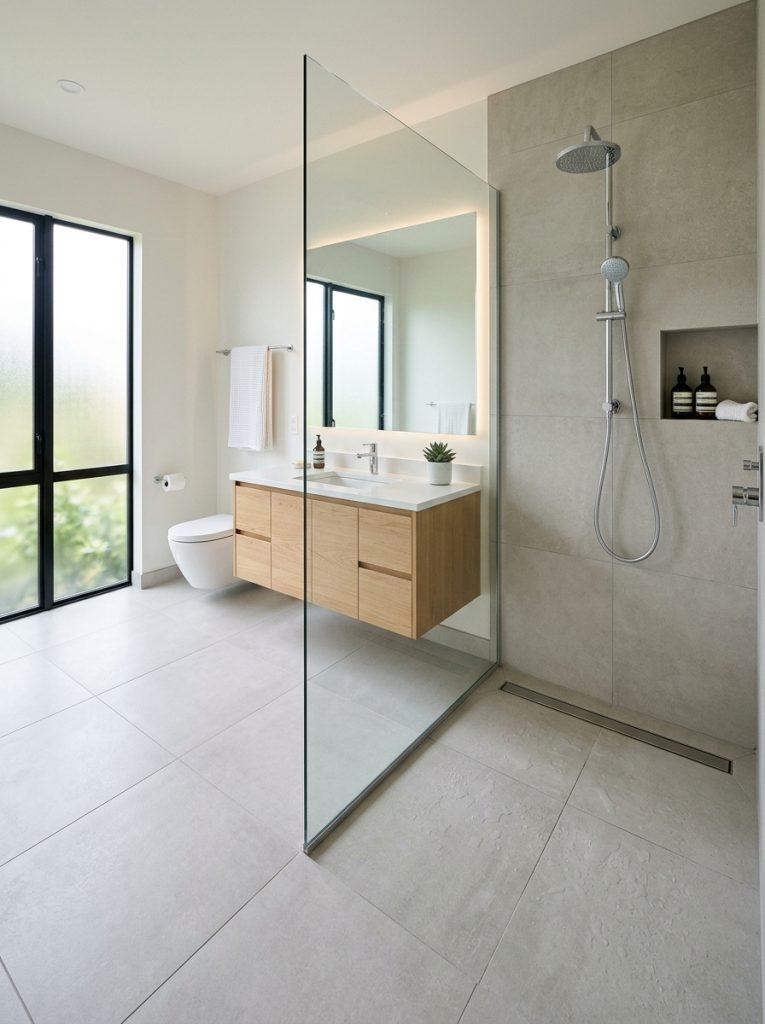 Modern bathroom with curbless shower entry seamlessly transitioning from bathroom to shower floor with same large format tiles and linear drain