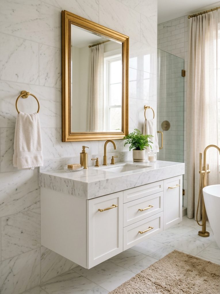 Elegant bathroom with warm brass faucet gold mirror frame gold drawer pulls and towel rings against white marble tiles and white floating vanity