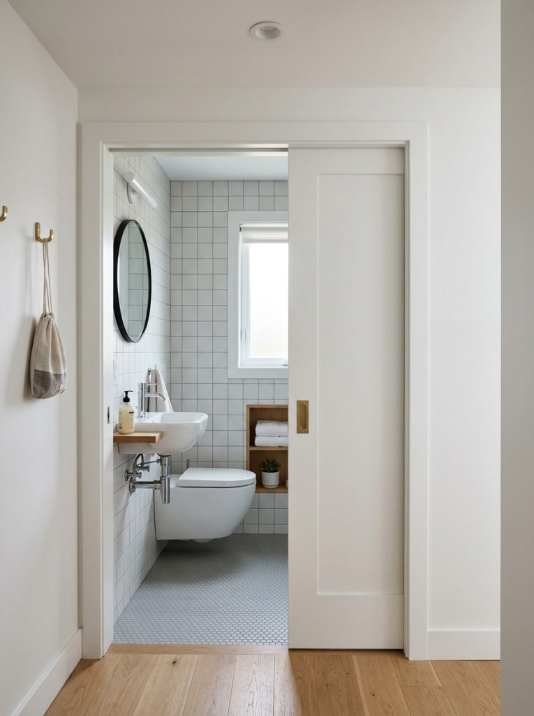 Small bathroom with pocket door sliding into wall saving floor space with clean minimal interior visible behind partially open door
