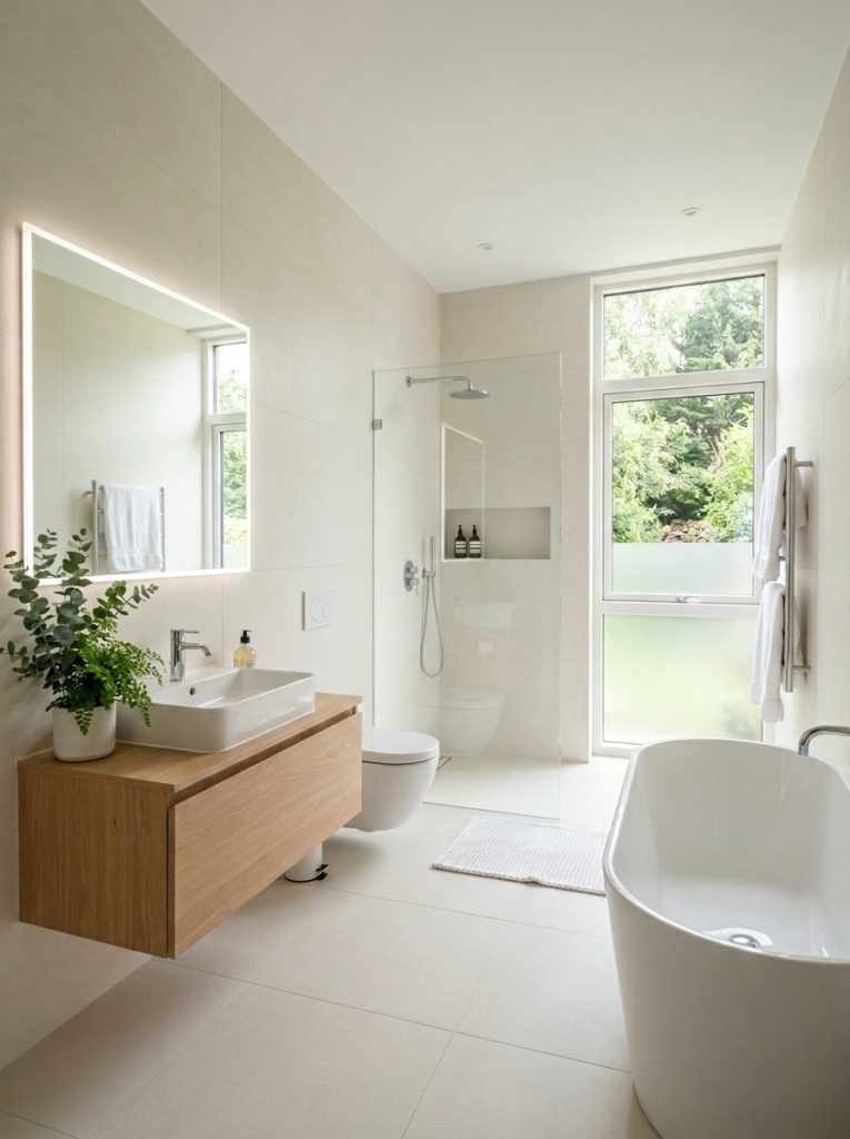 Modern bathroom with large format porcelain tiles on floor and walls in warm white tones with minimal grout lines and clean contemporary aesthetic