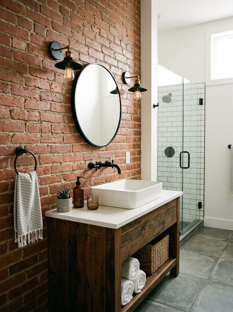 Bathroom with sealed exposed red brick accent wall beside vanity with modern white fixtures and black faucet in industrial character-filled aesthetic