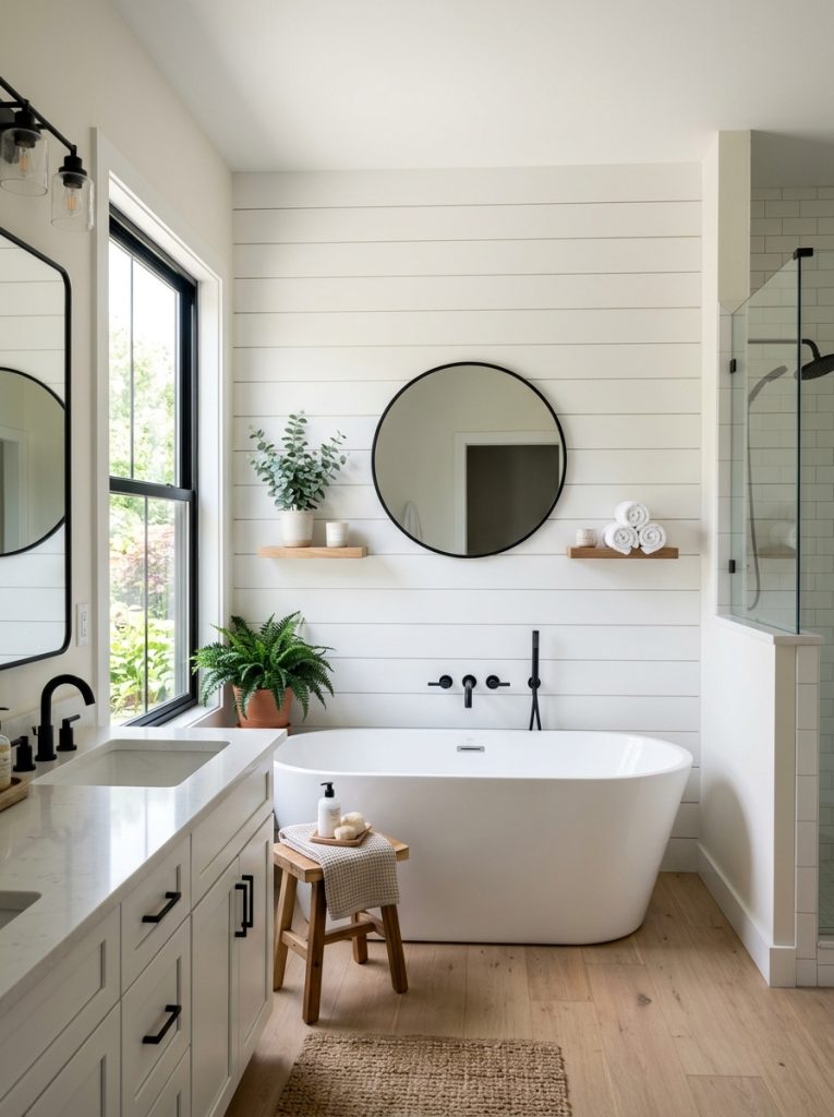  White painted shiplap accent wall behind freestanding tub with matte black fixtures in a farmhouse contemporary bathroom with bright natural light