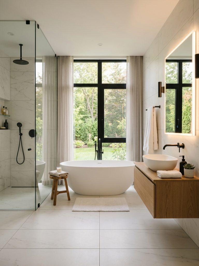 Modern bathroom remodel with freestanding tub frameless shower floating vanity vessel sink LED mirror and matte black fixtures
