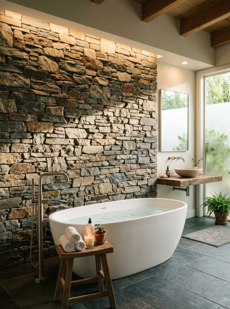 Bathroom with natural stacked stone accent wall behind soaking tub irregular texture depth and shadow with modern freestanding tub and warm lighting