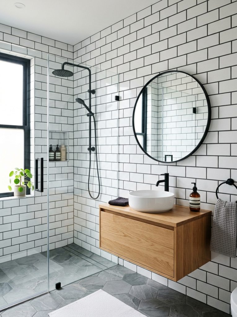 Classic white subway tiles with bold charcoal grey grout creating strong graphic contrast as intentional design element in modern bright bathroom