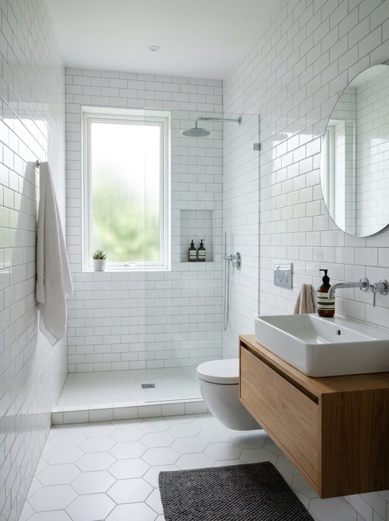 Bathroom with white subway tiles running floor to ceiling on all walls creating a polished seamless look with modern fixtures and natural light