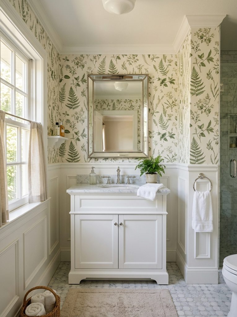 Bathroom with white wainscoting on lower walls and soft botanical patterned wallpaper above with white vanity chrome fixtures in a traditional elegant design